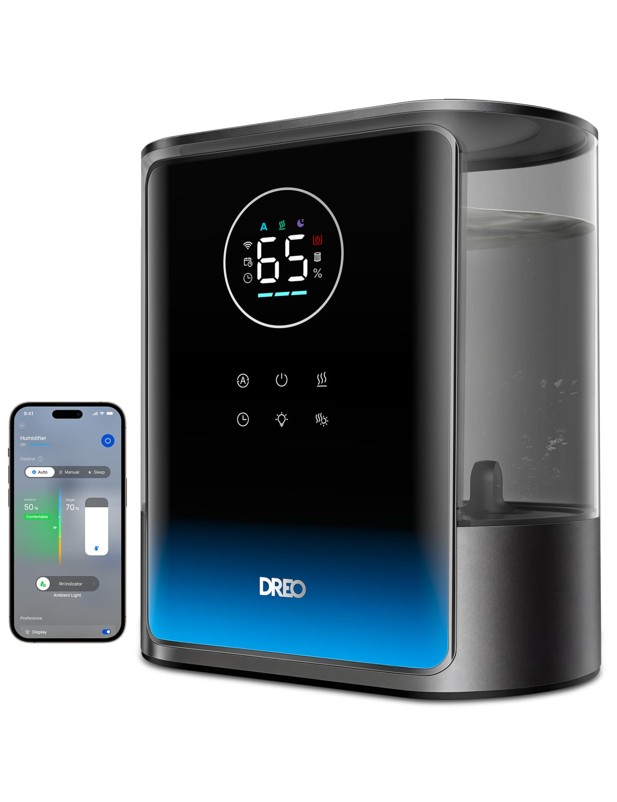 DREO HM717S front view shows a large-room humidifier delivering even moisture distribution.