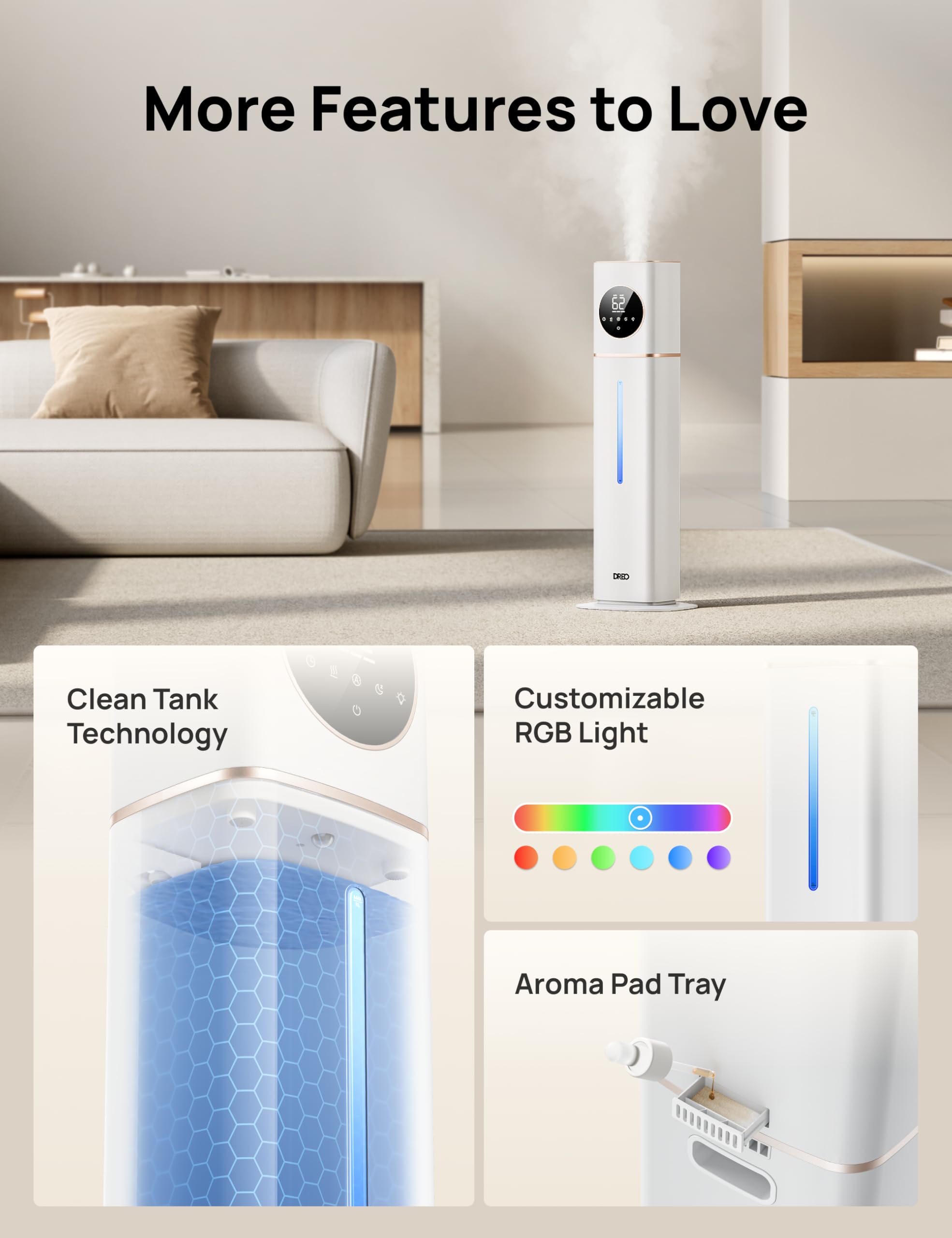 DREO HM735S RGB night light adds calming ambience.