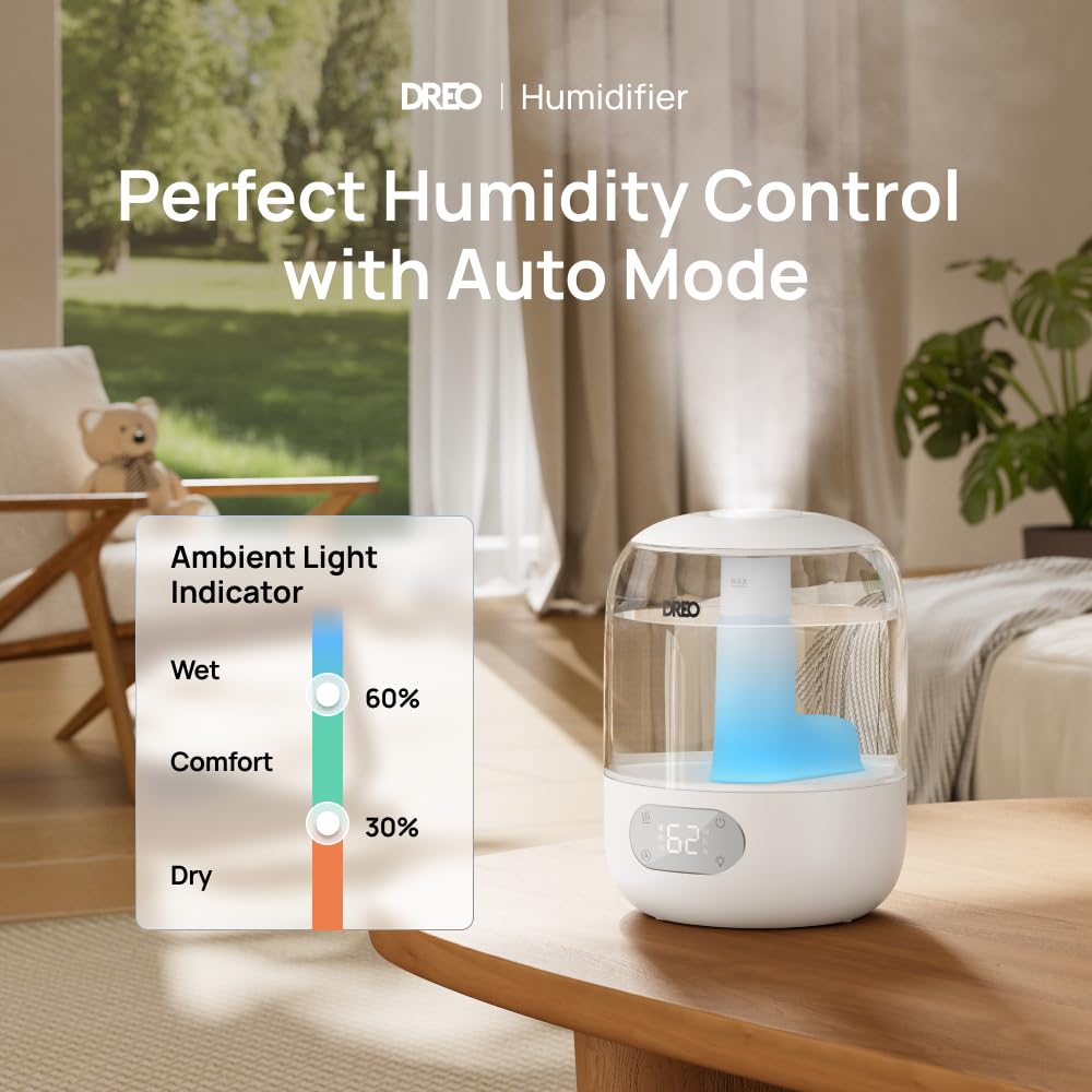 DREO humidifier 360° rotating nozzle evenly disperses mist across the room.