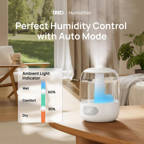DREO humidifier 360° rotating nozzle evenly disperses mist across the room.
