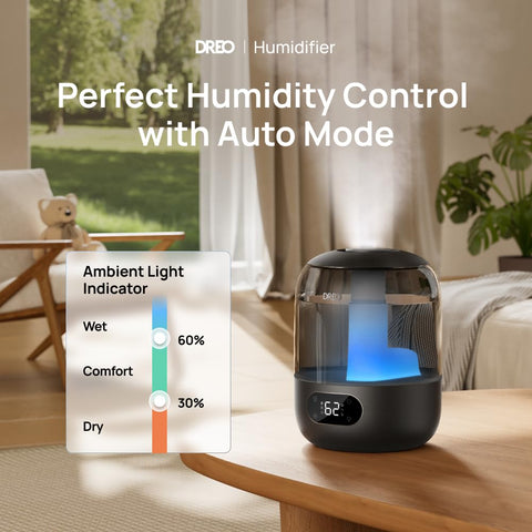 DREO humidifier with 360-degree nozzle directs mist where you need it.