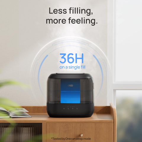 DREO 4L tank enables long runs for uninterrupted bedroom comfort.