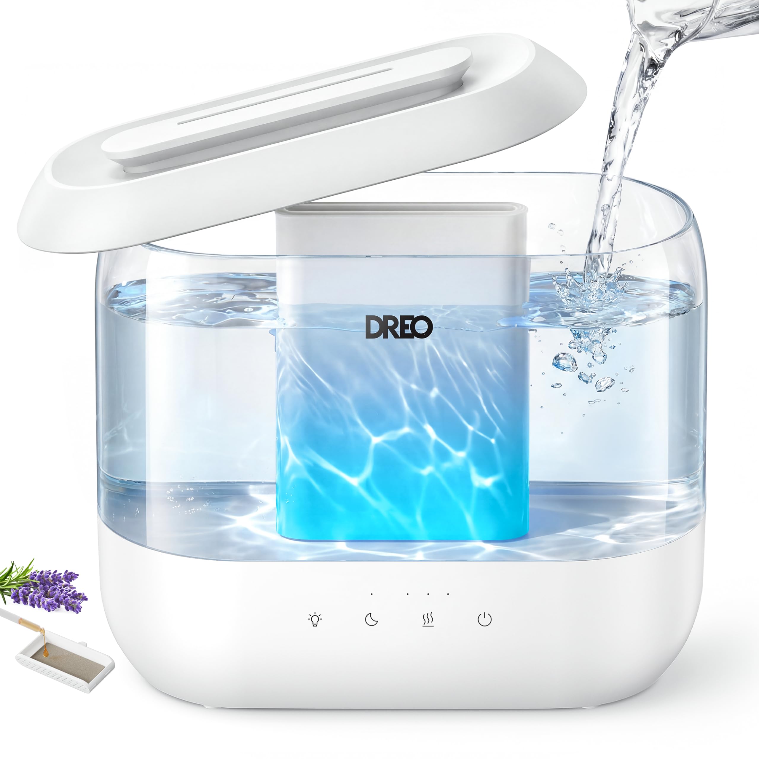 Dreo humidifier in a bedroom demonstrating top fill for quiet moisture.