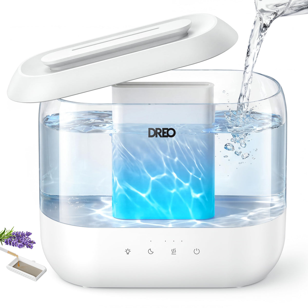 Dreo humidifier in a bedroom demonstrating top fill for quiet moisture.