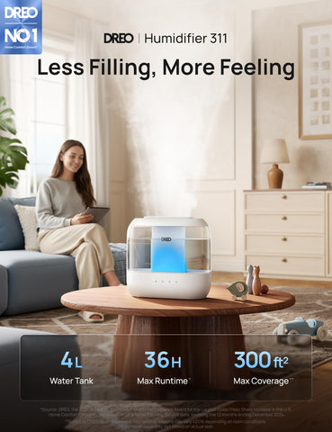 Dreo large room humidifier with long runtime showcased for living spaces.