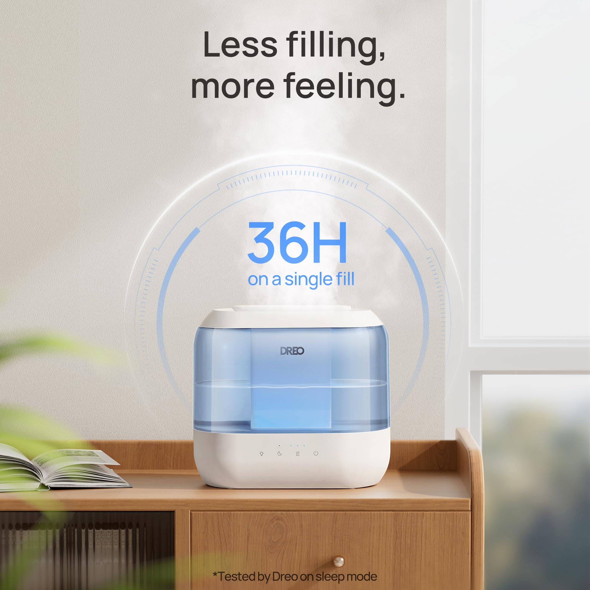DREO humidifier quiet operation at 28 dB for bedroom use