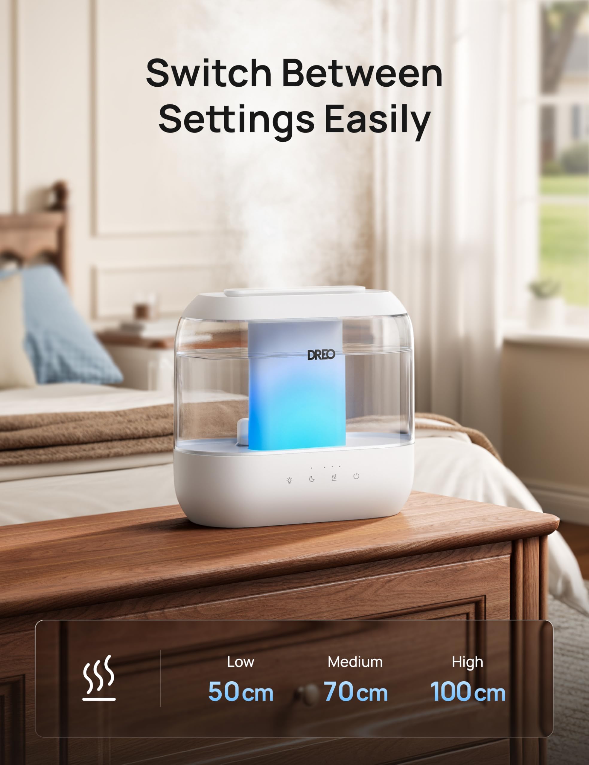 Dreo humidifier operates quietly at 28 dB for peaceful nights.