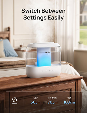 Dreo humidifier operates quietly at 28 dB for peaceful nights.