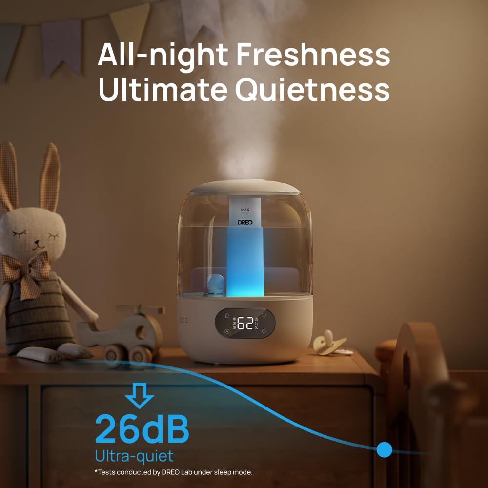 DREO humidifier operates quietly in Sleep Mode for undisturbed rest.