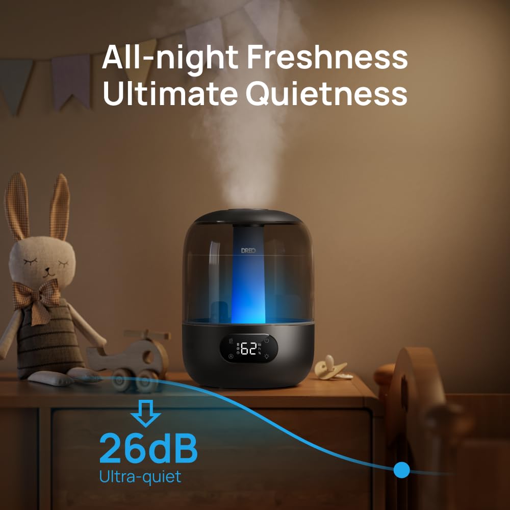 DREO humidifier in sleep mode runs quietly for night comfort.