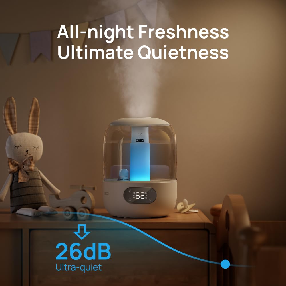 DREO humidifier runs quietly at 26dB in sleep mode