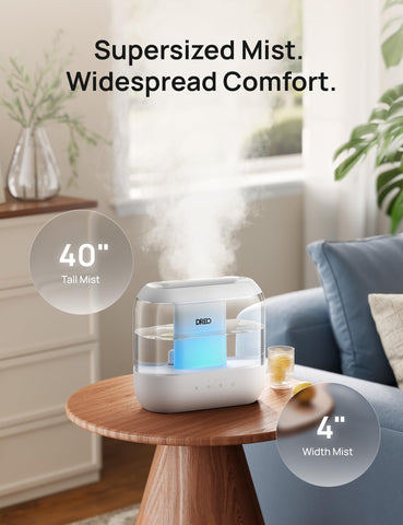 Dreo supersized mist rising toward the ceiling for rapid humidity.