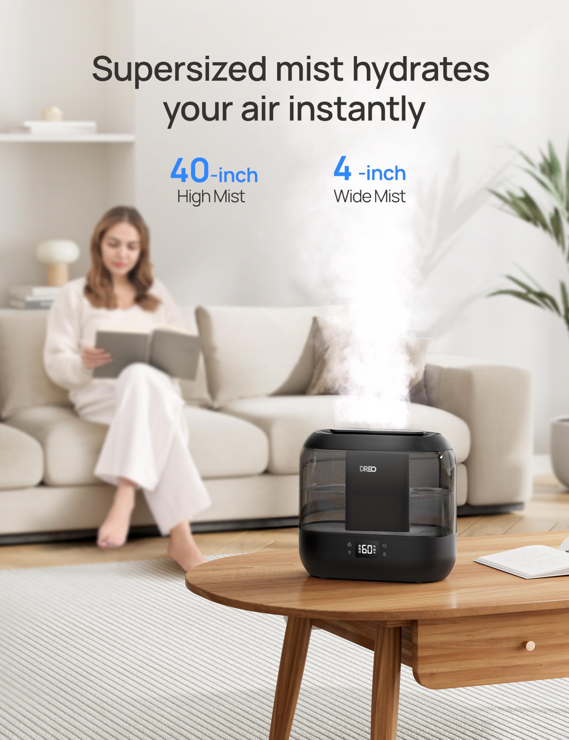 DREO humidifier with tiltable nozzle directs mist precisely where you need.