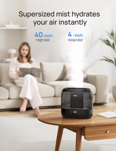 DREO humidifier with tiltable nozzle directs mist precisely where you need.