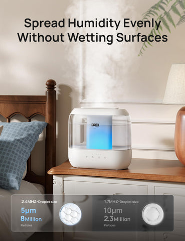 Dreo ultrafine 5 μm mist particles evenly humidify a room.