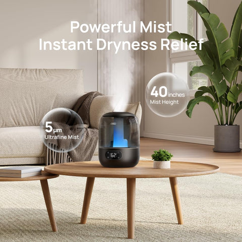 DREO ultrasonic mist creates fine humidity without dampening furniture.