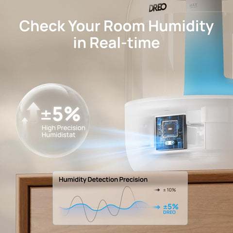 DREO ultrasonic mist creates a fine 5μm fog without dampening furniture.