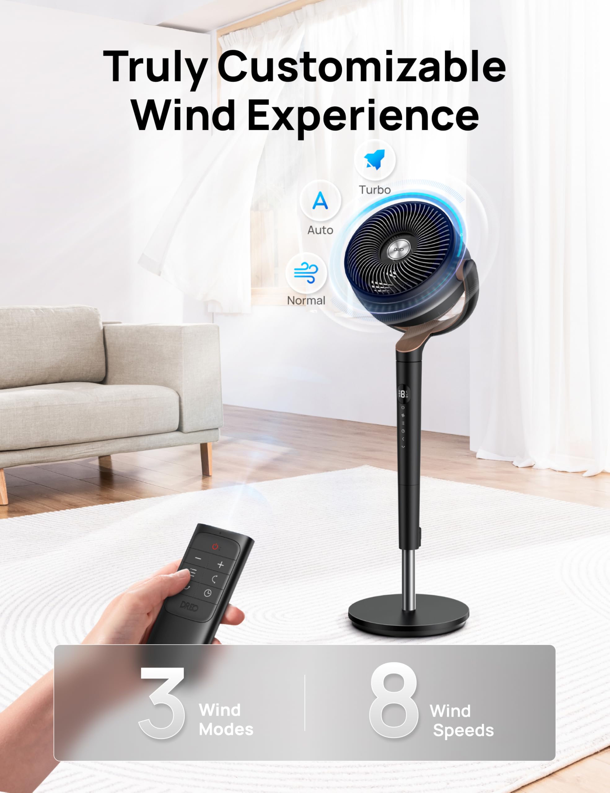 DREO omni-directional oscillation with 120-degree span distributing air evenly.