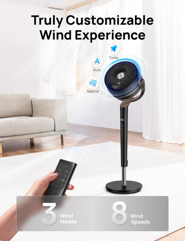 DREO omni-directional oscillation with 120-degree span distributing air evenly.