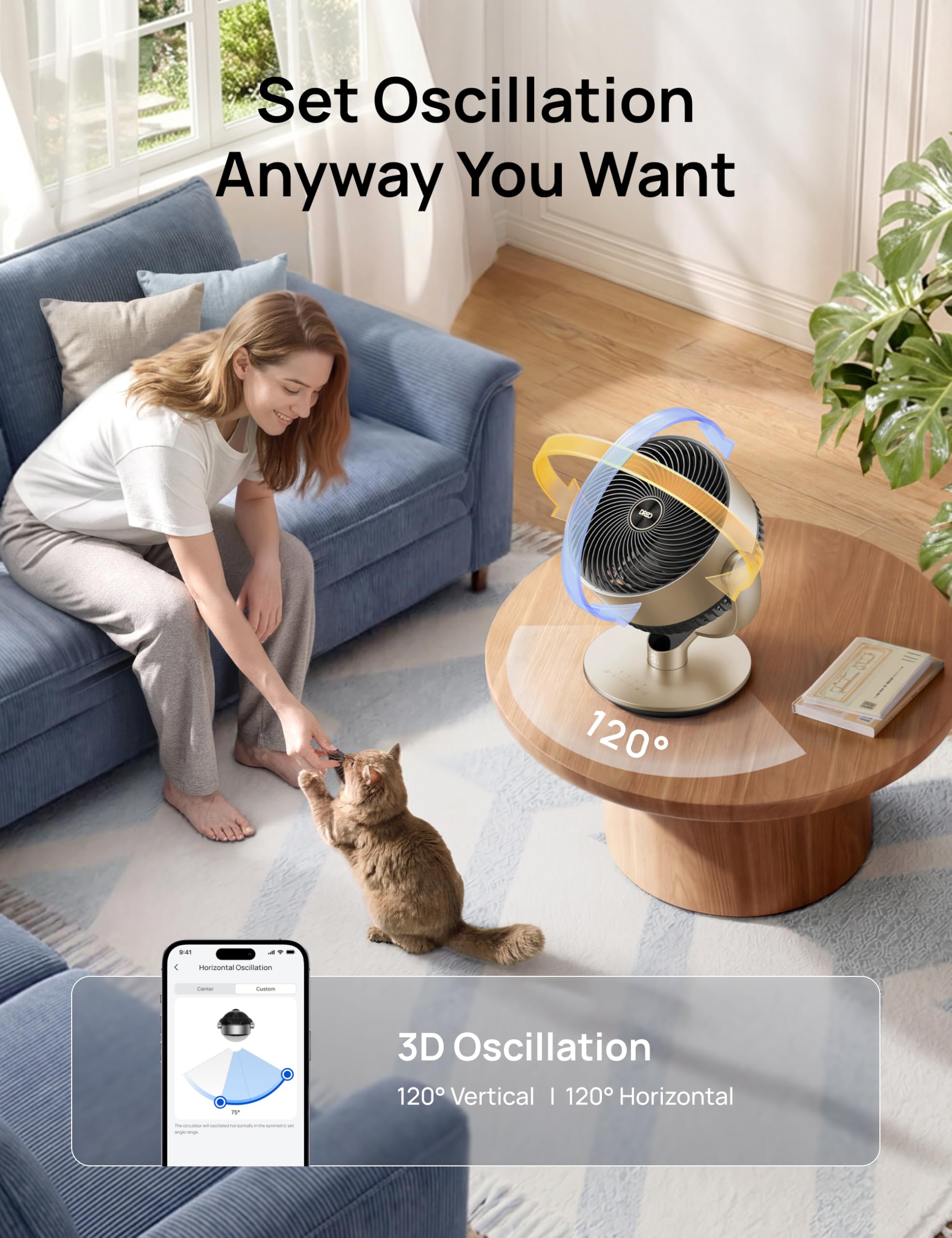 DREO omni-directional oscillation illustrates broad air distribution.