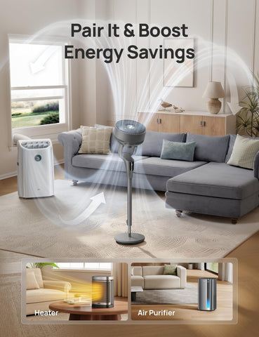 DREO fan with 90-degree oscillation and 105-degree tilt for tailored airflow