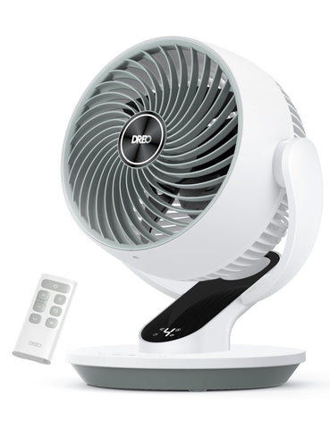 DREO oscillating fan in a bedroom setup delivering whole-room airflow.