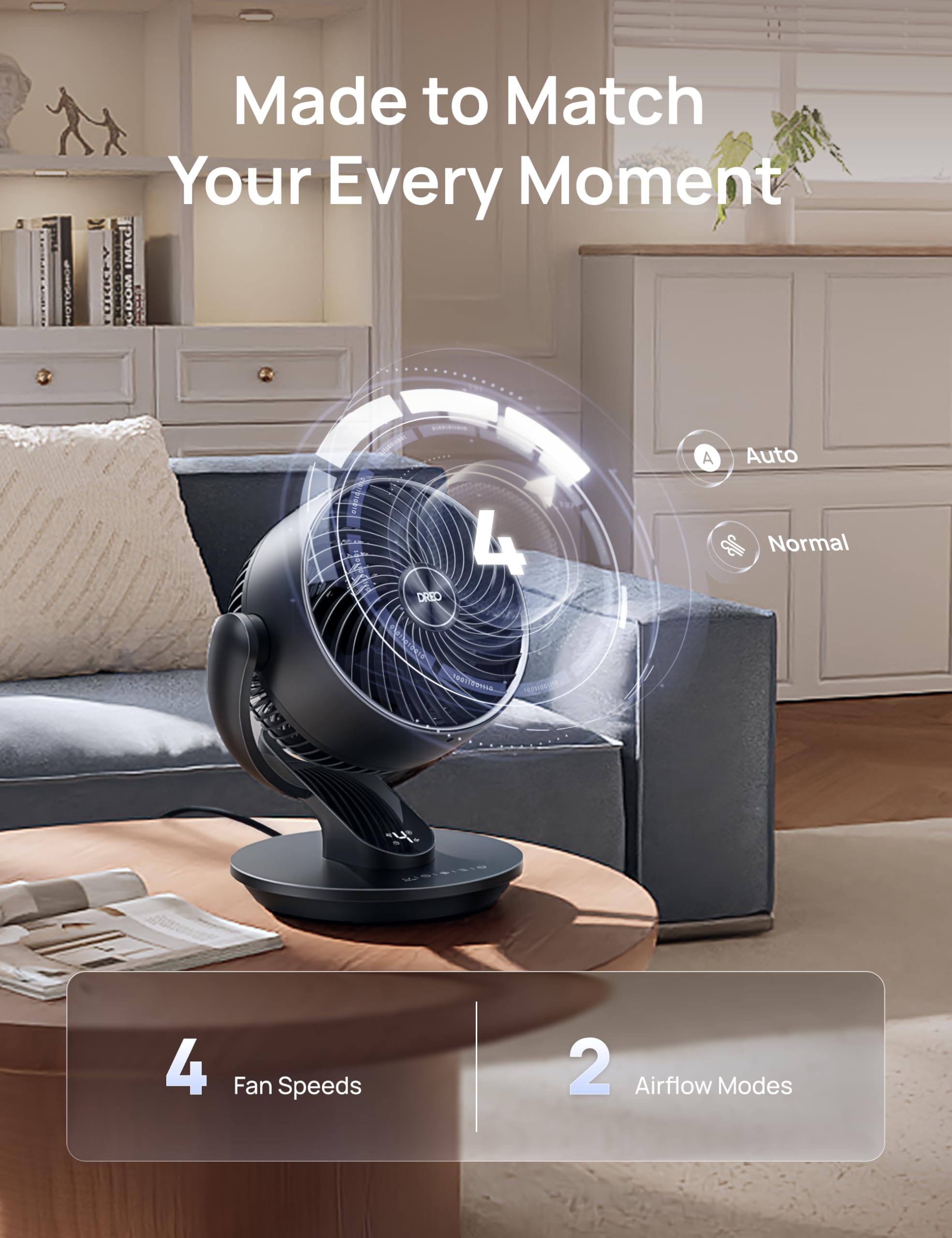 DREO oscillation covers wide space with smooth 90-degree sweep.