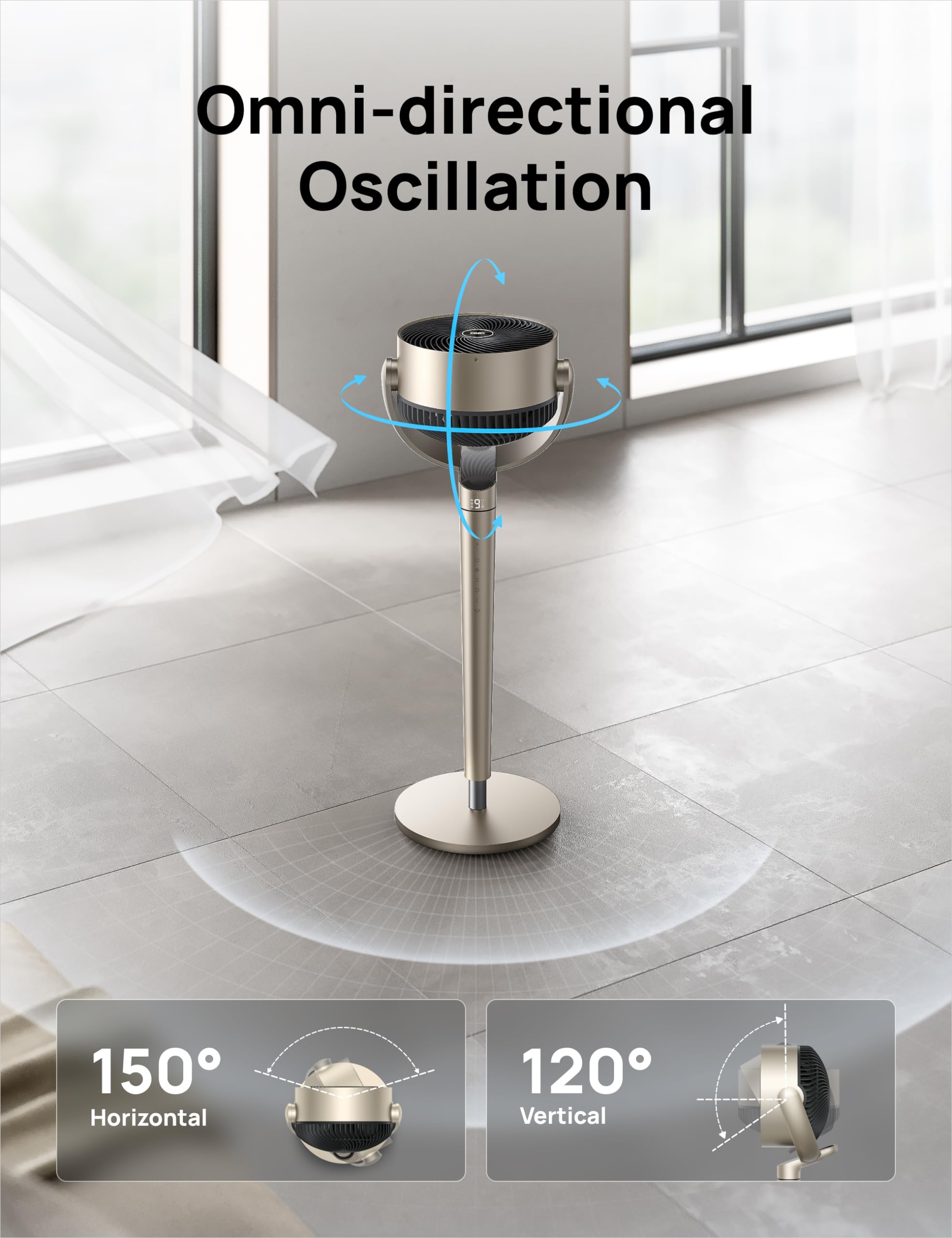 DREO pedestal fan with brushless DC motor for quiet operation.