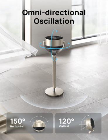 DREO pedestal fan with brushless DC motor for quiet operation.