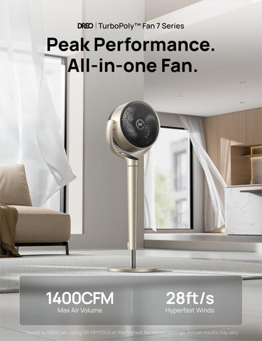 DREO pedestal fan with omni-directional oscillation for whole-room comfort.