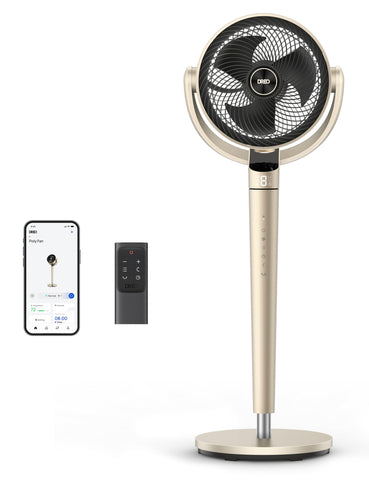 DREO pedestal fan front view showing smart-control panel for easy adjustments.