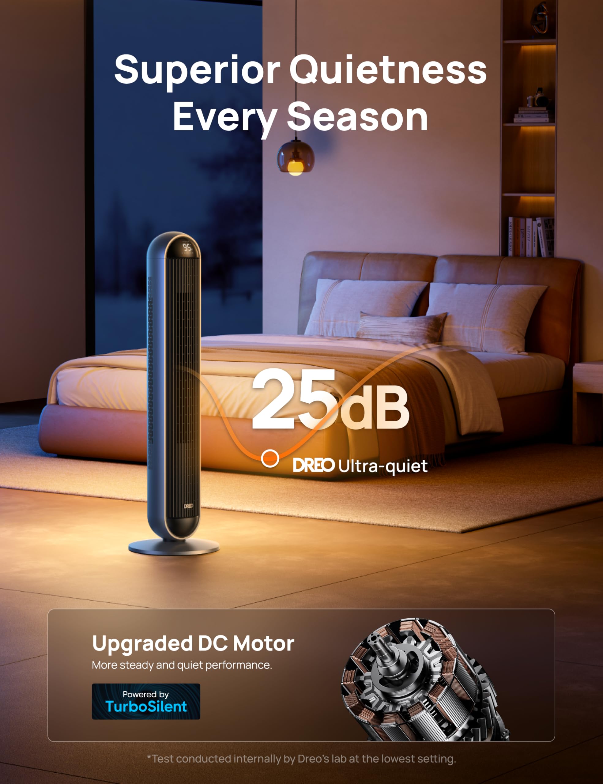 DREO 25 dB quiet operation supports peaceful sleep and work.