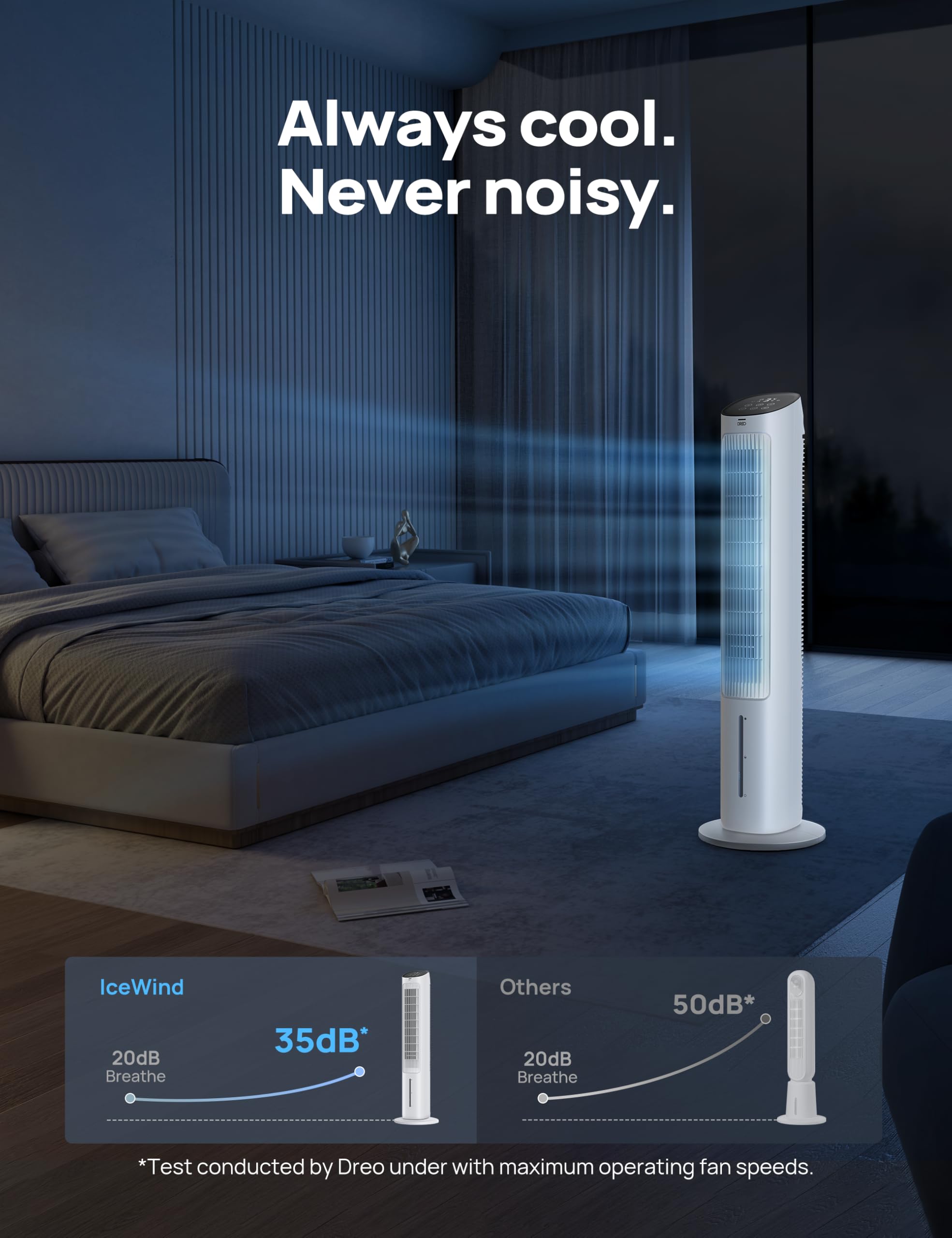 DREO quiet operation at 35 dB supports sleep and work