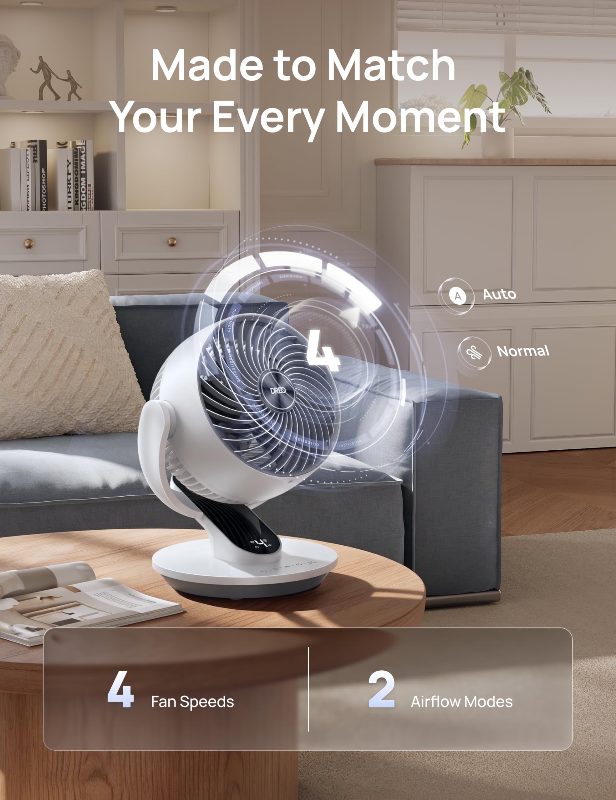 DREO remote-control desk fan for convenient airflow adjustments from bed.