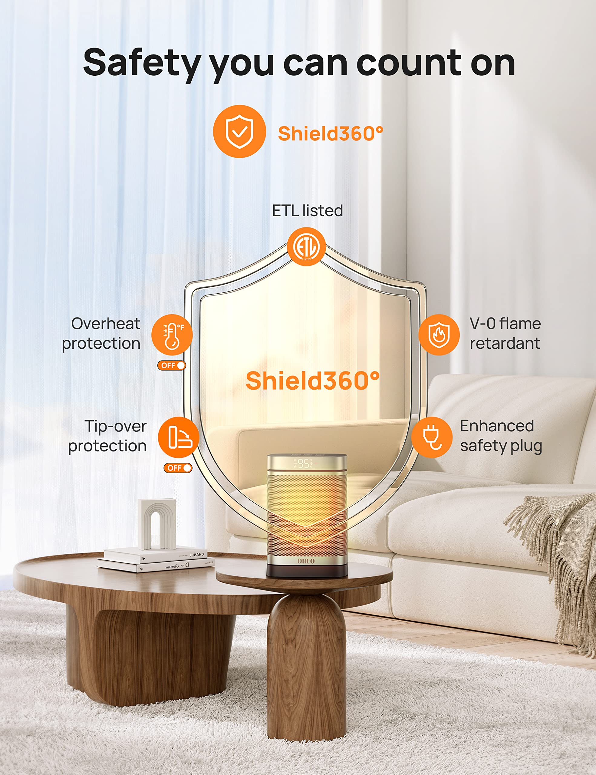 DREO remote control for easy temperature and mode adjustments.