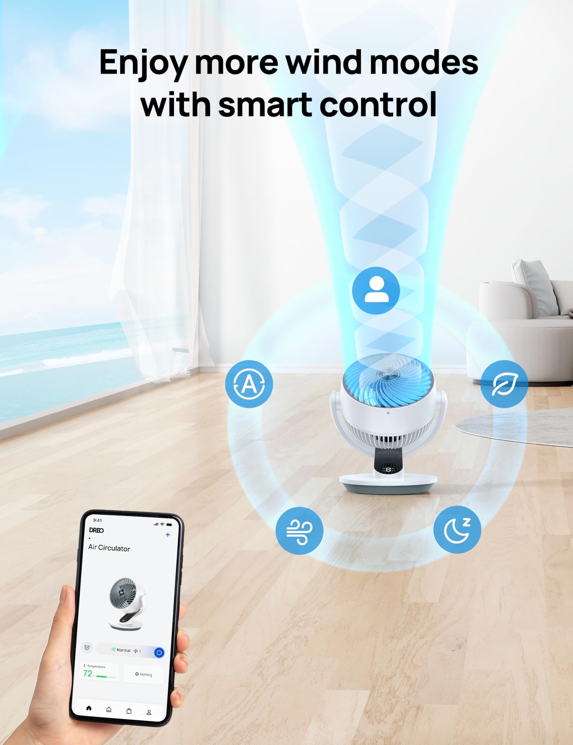 DREO smart fan demonstrates 90-degree oscillation to cover corners.