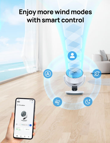 DREO smart fan demonstrates 90-degree oscillation to cover corners.
