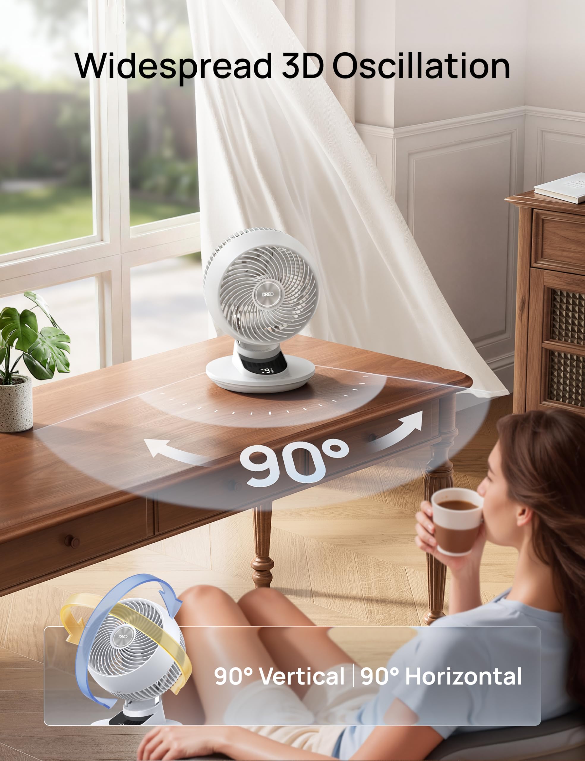 DREO smart fan airflow 950 CFM highlights strong whole-room cooling.
