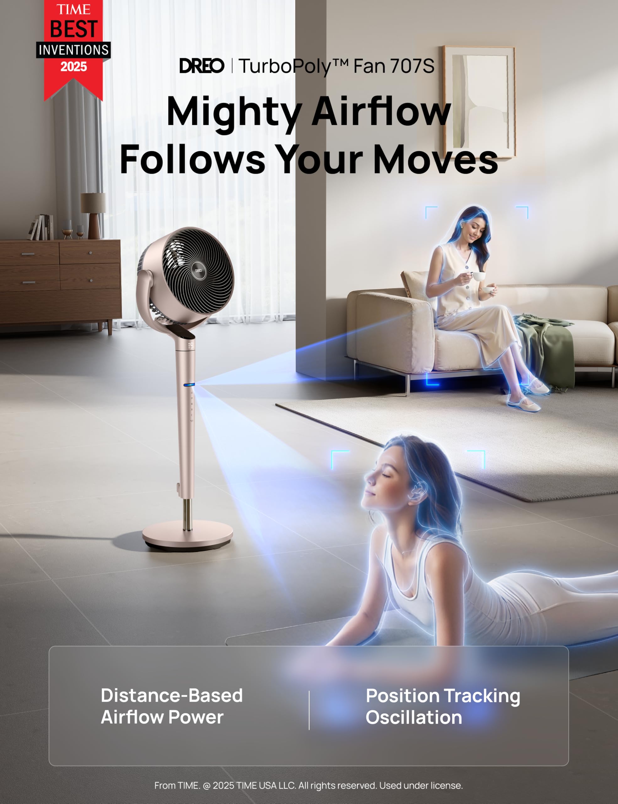 Dreo Smart Fan angled oscillation in side view, illustrating wide coverage.
