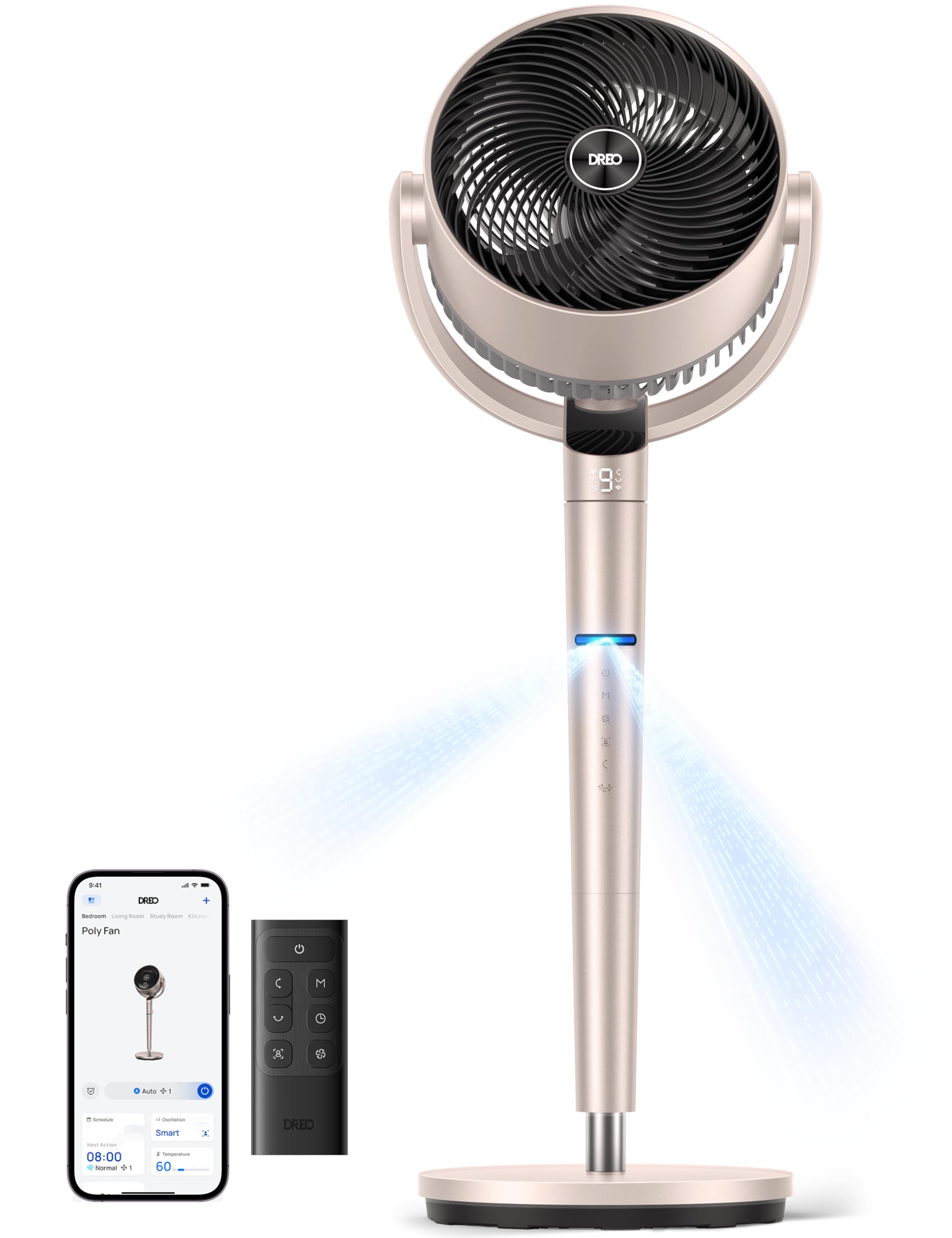 Dreo Smart Fan front view in bedroom, showcasing compact pedestal design for steady airflow.