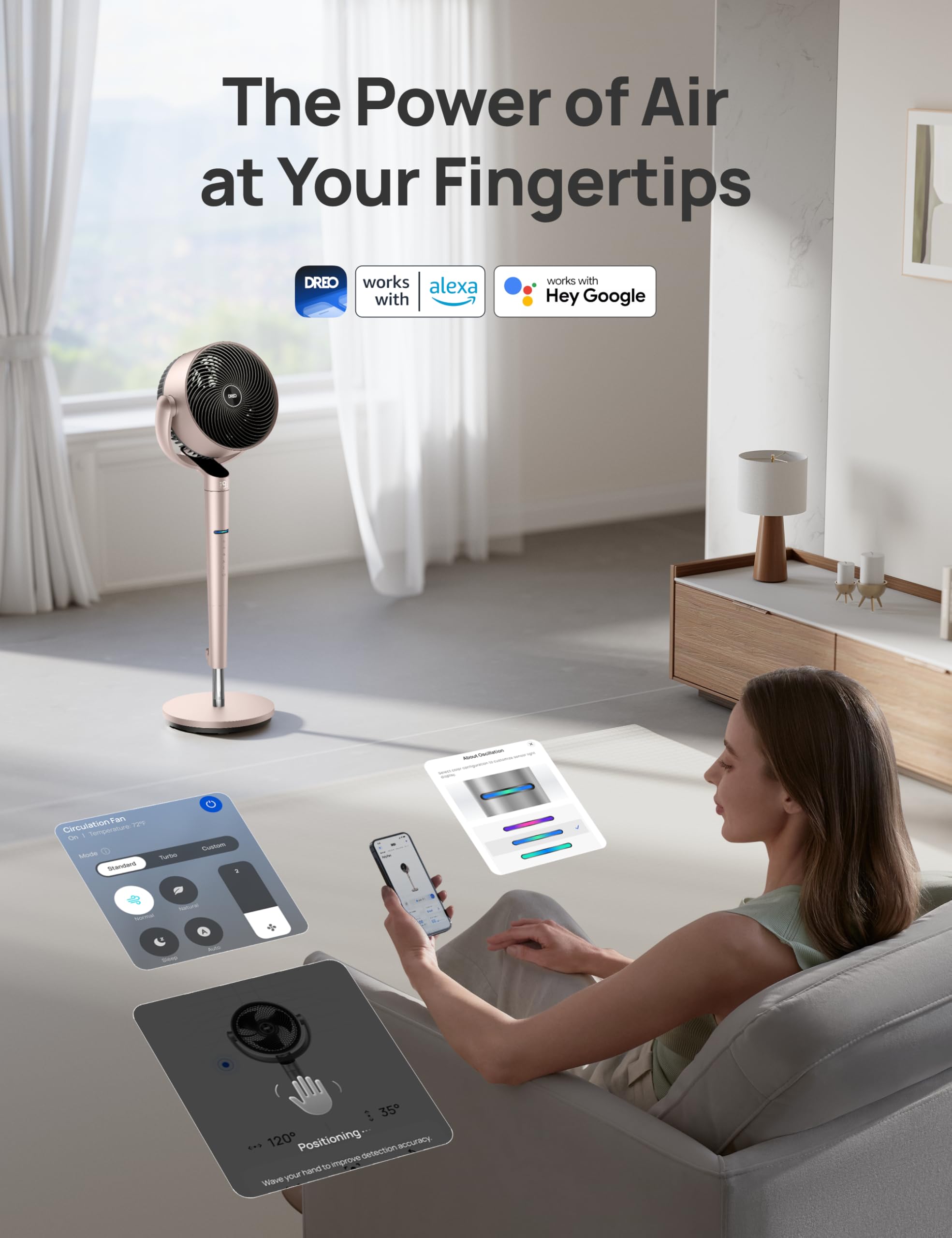 Dreo Smart Fan height-adjustable base illustrating customizable airflow reach.