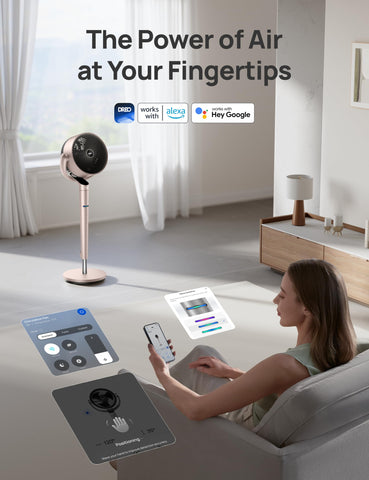 Dreo Smart Fan height-adjustable base illustrating customizable airflow reach.