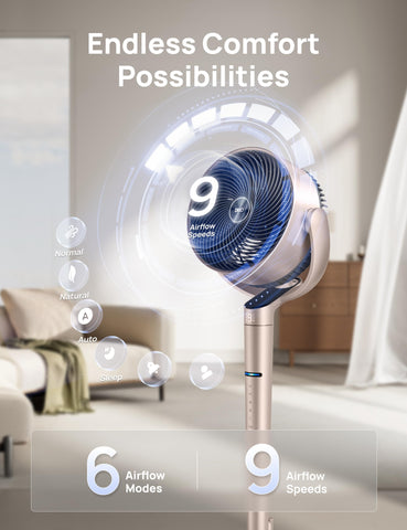 Dreo Smart Fan mode switch closeup showing the six airflow modes.