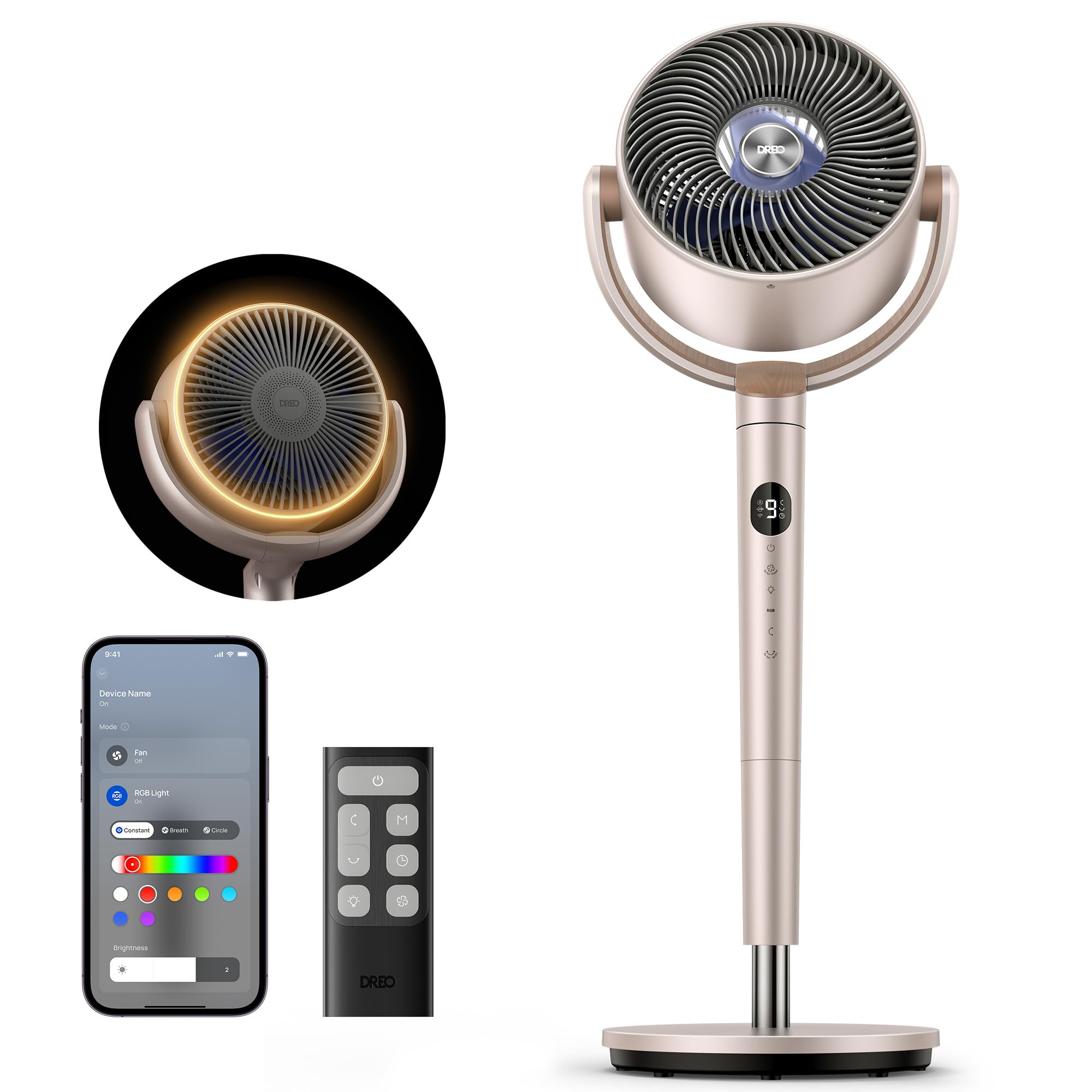 DREO smart fan with omni-directional oscillation for even room airflow and comfort.