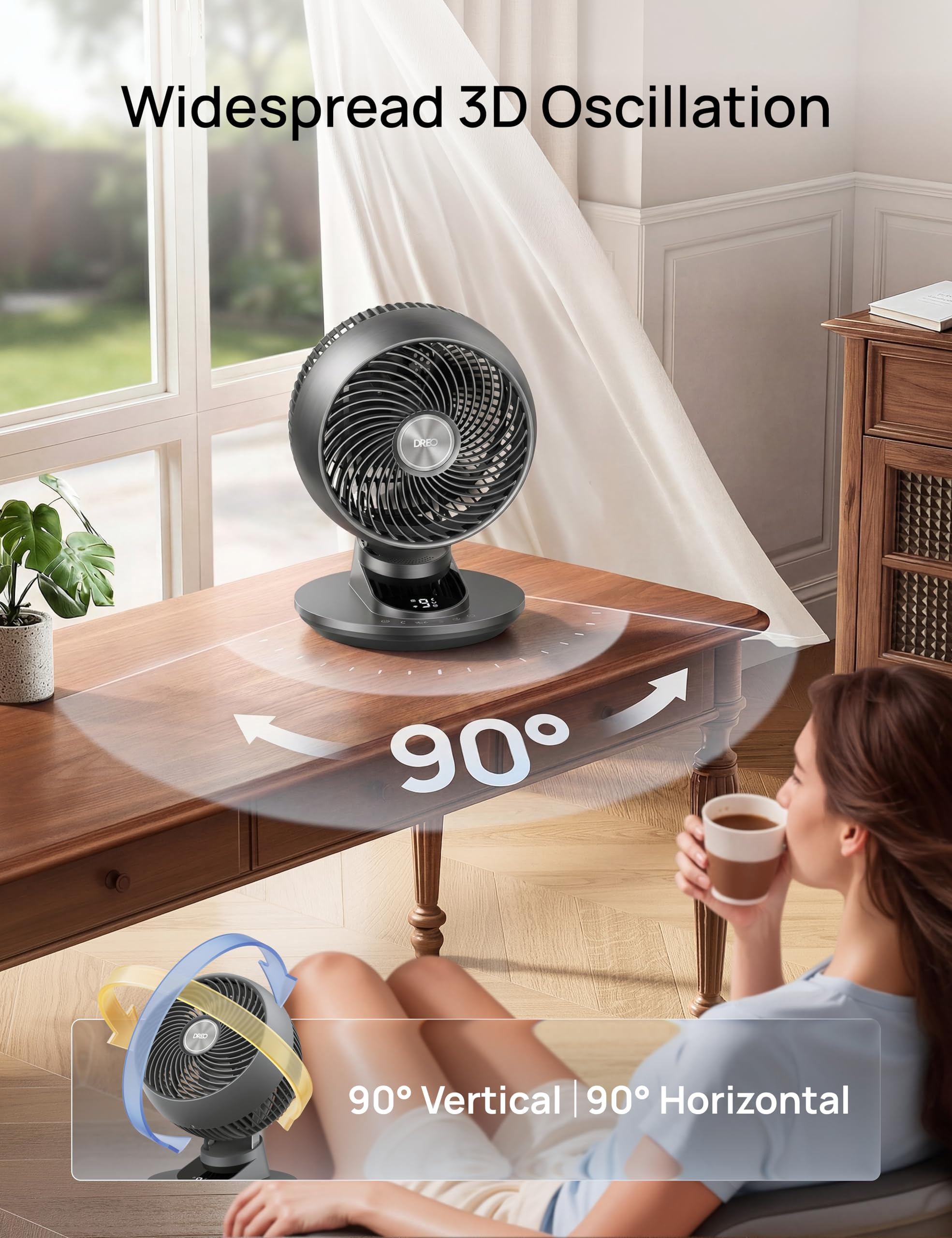 DREO Smart Fan Bedroom 90 degree oscillation for complete air coverage.