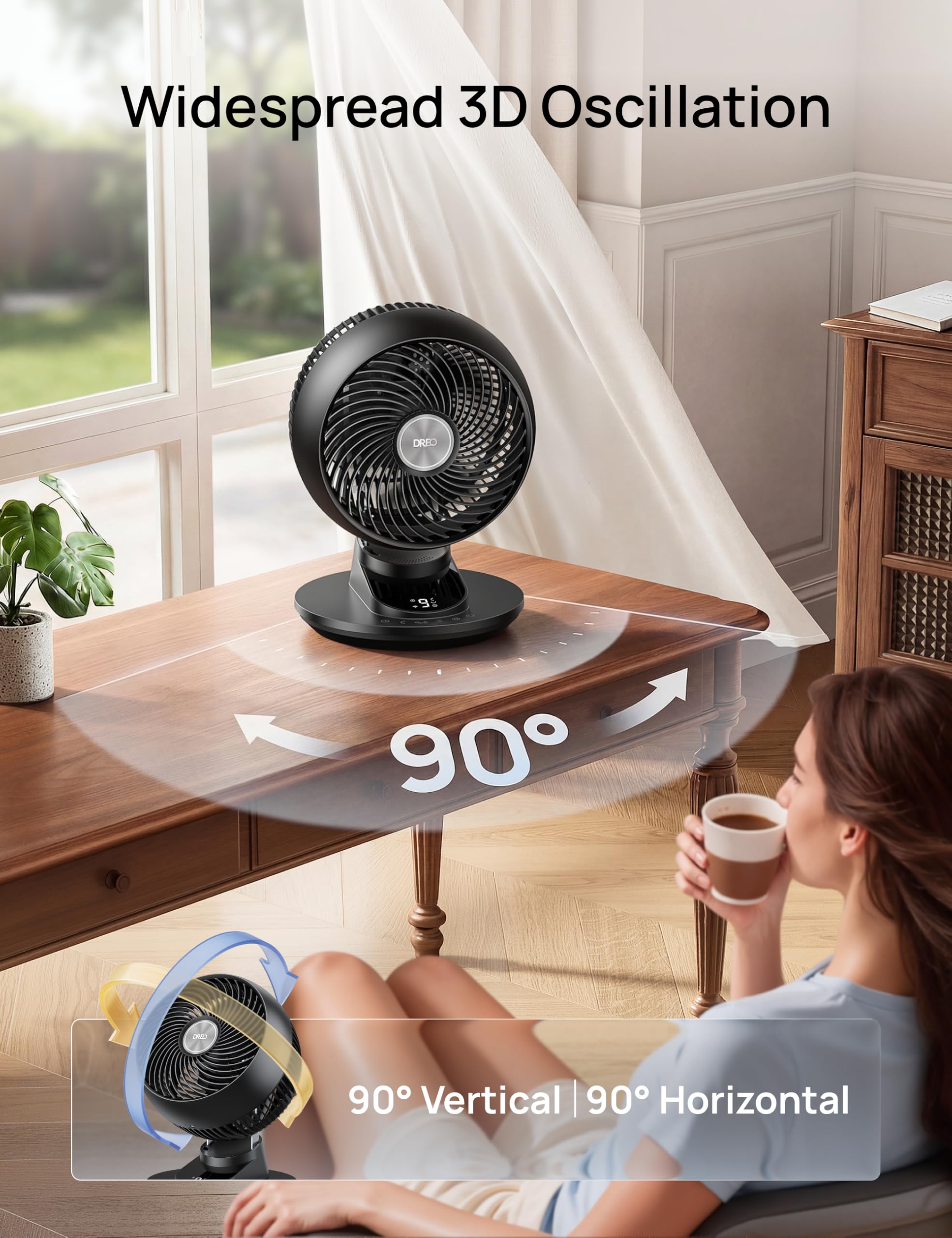 DREO smart fan bedroom 90° oscillation distributes air evenly.