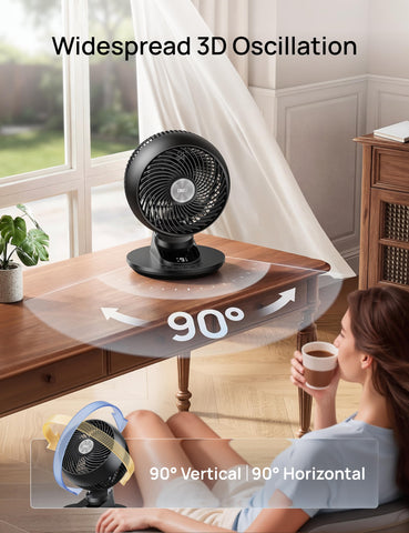 DREO smart fan bedroom 90° oscillation distributes air evenly.
