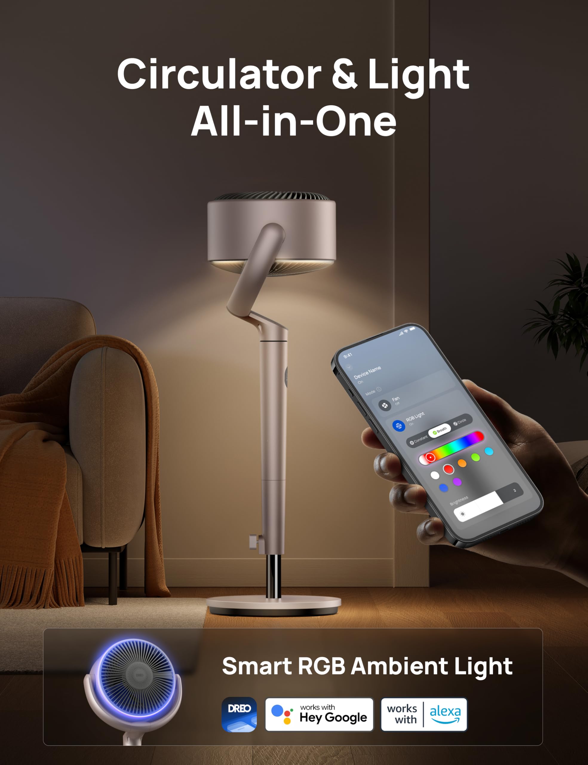 DREO smart fan with RGB light enhances ambiance and mood control.