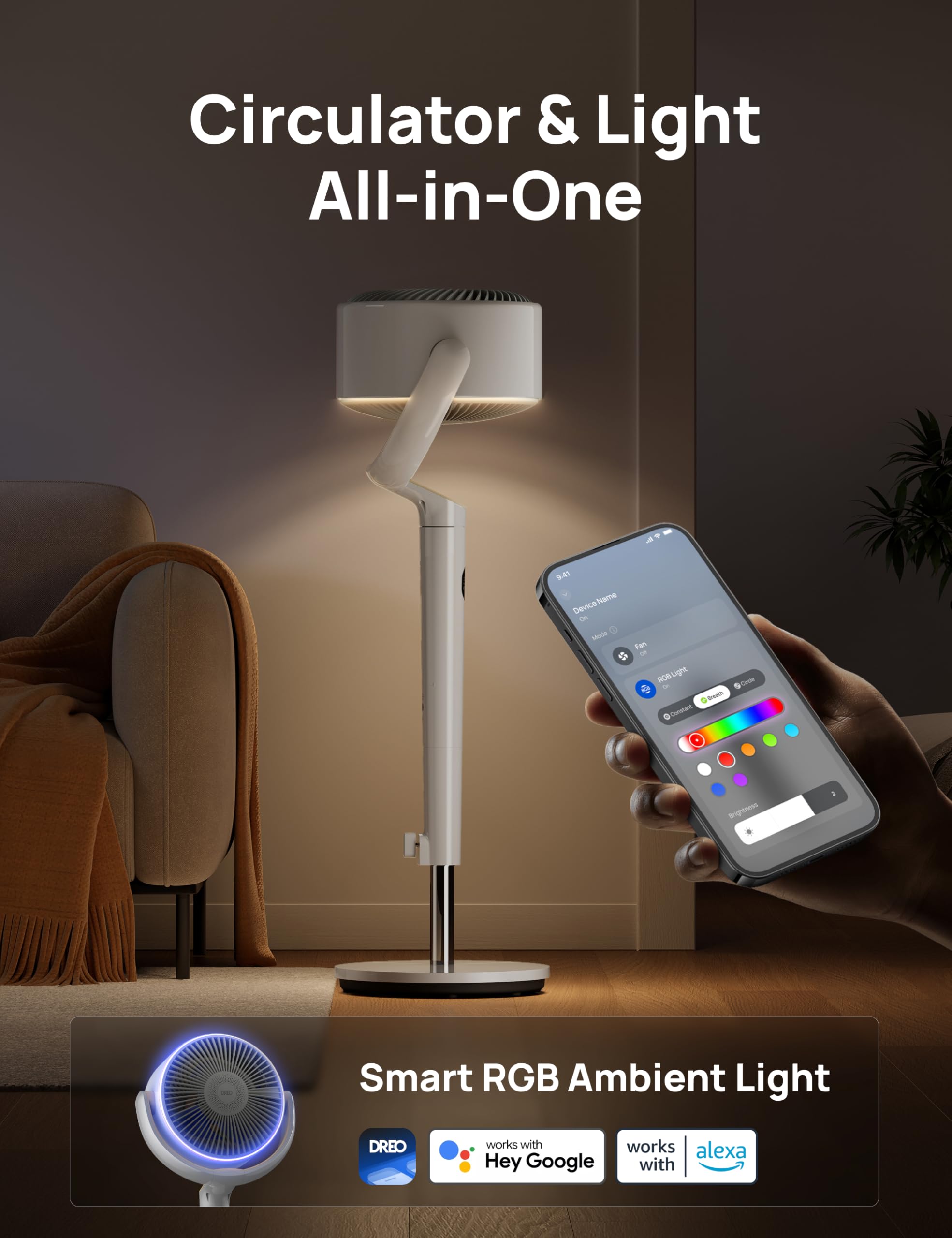 DREO smart fan RGB light enhances ambiance while cooling.