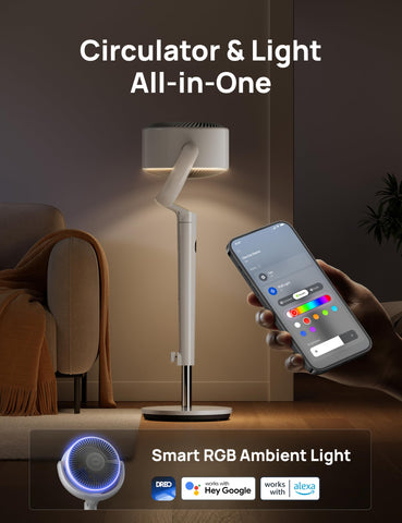DREO smart fan RGB light enhances ambiance while cooling.